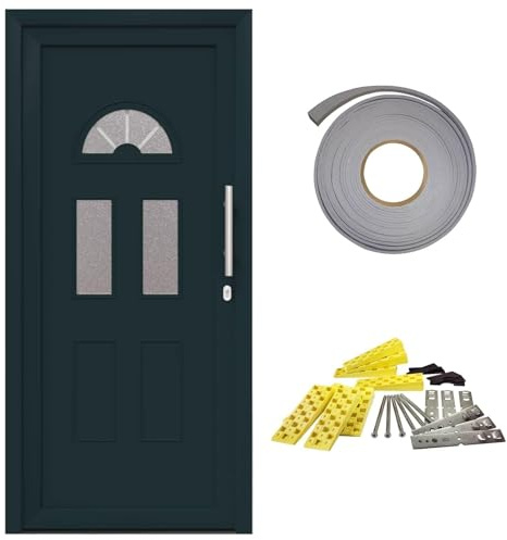 Puerta de entrada de PVC antracita 98 x 208 cm | Con elementos de cristal, bisagras y asa, para salón y vestíbulo, fácil de limpiar