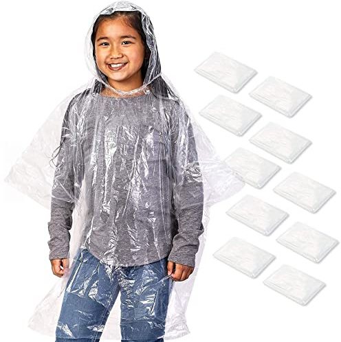 Juvale Kids Poncho - 10-Pack, One Size, Clear - Plastic Disposable Rain Ponchos for Kids with Hood - Bulk Emergency Rain Cover for Children