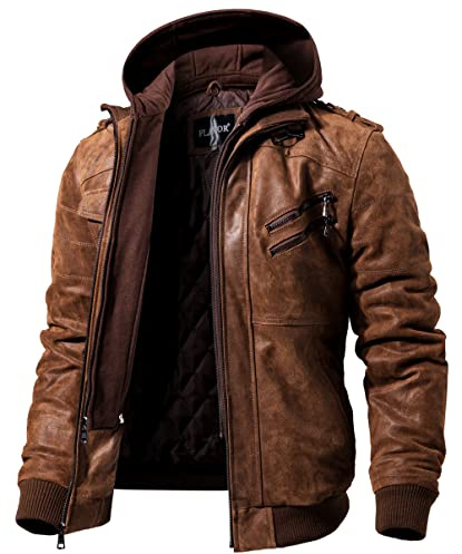 FLAVOR Men Brown Leather Motorcycle Jacket with Removable Hood (Medium (US standard), Brown)