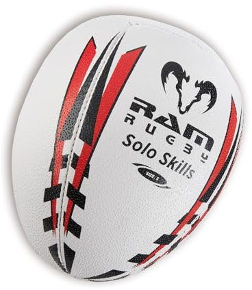 Ram Rugby Solo Skills Rugby Ball (size 4 & Mini pump) – Practice Rugby Passing & Handling technique with this innovative Rebounder Half Rugby ball. Ideal for Solo Practice against a wall.