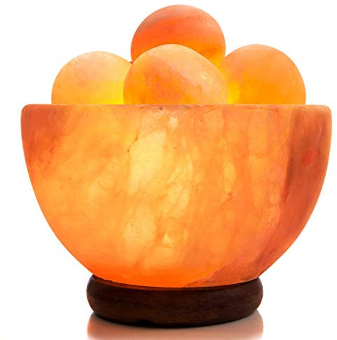 UMAID Tazón de lámpara de Sal Marina del Himalaya con 6 Bolas de Masaje de Sal calentadas, Bombilla con Interruptor Regulable Cable Certificado por UL Naranja Rosado Bola de Masaje Lámpara de Sal