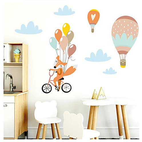 Little Deco Wandaufkleber Fuchs auf Fahrrad mit Heißluftballon I 79 x 55 cm (BxH) I Gelb Orange Lachs Kinderzimmer Mädchen Aufkleber Kind Wandsticker Tiere DL208-14