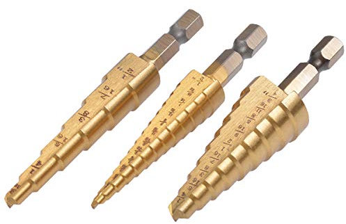 KATUR 3Pcs Classic Titanium Step Set de forets, Lames de coupe à double rainure droite HSS, Queue hexagonale de 1/4 pouce, 3/16-1/2,1/4-3/4,1/8-1/2 pouce Total 28 tailles (Or)