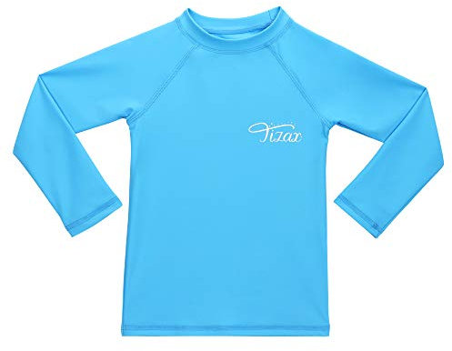 TIZAX Traje de baño con protección Solar Camiseta UV de Manga Larga para niñas Rashguard para Surf/Nadando/Buceo/Playa Azul 140