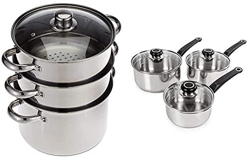 KitchenCraft 3 Tier Food Steamer Pan/Stock Pot in Gift Box, Induction Safe, Stainless Steel, 22 cm & Morphy Richards Equip 3 Piece Pan Set-Stainless Steel, Set of 3