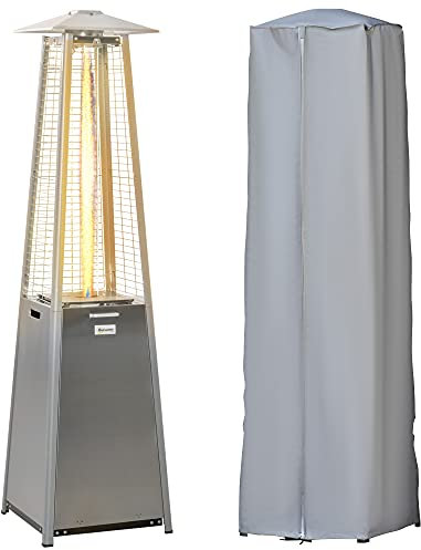 Outsunny 11.2KW Outdoor Patio Gas Heater - Stainless Steel Pyramid Propane Garden Freestanding Tower With Wheels, Dust Cover, Regulator and Hose, Silver