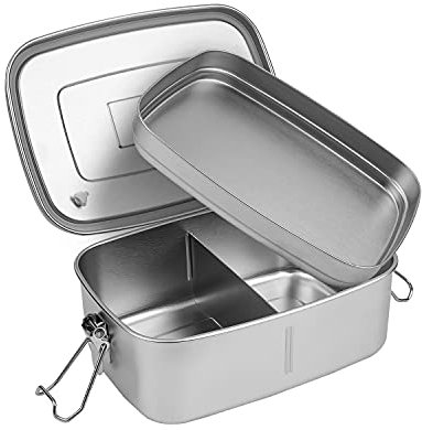 Doppellagige FrüHstüCksbox, Edelstahl Brotdose Kinder Mit FäChern -1500ml, Auslaufsicher Bento Box, Metall Brotdose für Schule, Arbeit, Wandern, Picknick(Silber)