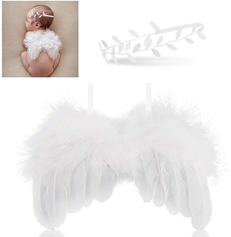 PIQIUQIU Baby Fotoshooting Kostüm Engelsflügel mit Leaf Haarband Feder Baby Engel Flügel Neugeborenen Set Fotografie Kostüm Neugeborenen