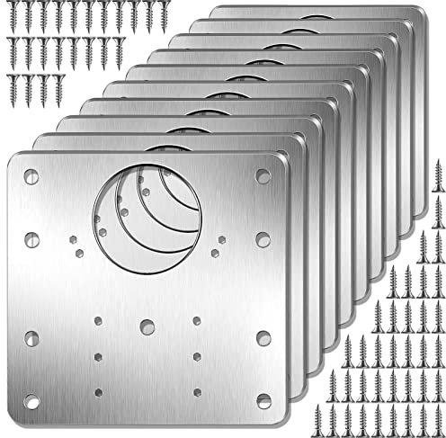 Juliyeh N334 10Pcs Cabinet Hinge Repair Plate Kit Stainless Steel Cupboard Door Hinge Mounting Plate with Holes Flat Fixing Brace Brackets with 60 Pcs Screws, Silver, 90x90x1 mm