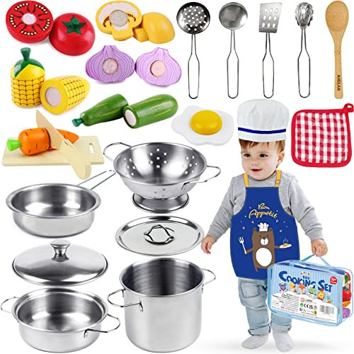 Airlab Kinderküche Zubehör Kochset, Spielküche Küchenzubehör Töpfe Holz & Edelstahl mit Lebensmittel für Kinder, Puppenküche Kinderspielzeug Kochgeschirr Rollenspiele Geschenk