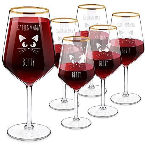 Maverton 6er Weingläser Set mit Gravur 530 ml - XL 6 Weinkelche mit Goldrand - Ø 9 cm, H: 22 cm - Rotweingläser Set für Frauen - 6 Wine Glasses für Frau - zum Geburtstag - Katze
