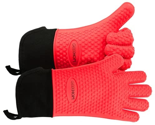 GEEKHOM BBQ Gloves, Grilling Gloves Heat Resistant Oven Gloves, Kitchen Silicone Oven Mitts, Long Waterproof Non-Slip Pot Holder for Barbecue, Cooking, Baking(XL, Red)