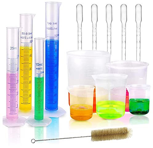 KOMUNJ 15 PCS Plastic Graduated Cylinders and Beakers Set with 5 Transfer Pipettes and 1 Test Tube Brushes Graduated Beakers Mixing Cups Liquid Baking Cooking Measure Tool