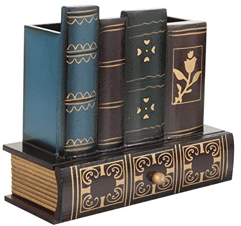 Alipis Book Shaped Pen Holder Retro Book Pen Cup Books Desktop Pencils Organizer with Drawer Decorative Box Brush Pot Stationery Container for Home Office
