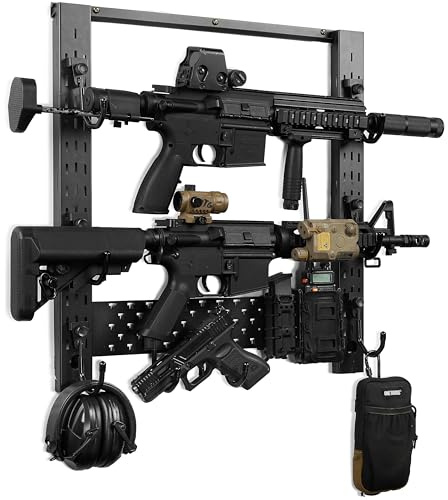 OneTigris Gun Rack Wall Mount 02, Hold Up 80lbs Indoor Gun Rack for Wall Mount Horizontal Wall Gun Rack with 10 Hooks Indoor Floor for Helmet Vest Belt Police Gear, 21.5*22.1