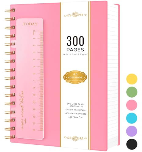 NIRMIRO Taccuino A5, 300 pagine, rilegatura a spirale, per scrivere, con copertina rigida spessa con carta a righe da 100 g/m², senza sbavature, copertina impermeabile in PVC, 14,5 x 20,7 cm, rosa