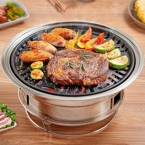 PHOJEWI Barbecue coréen au charbon de bois, petit barbecue au charbon de bois de 34,8 cm portable en acier inoxydable, barbecue à table kbbq pour camping en intérieur et extérieur