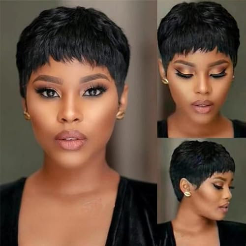 Echthaarperücke Kurzer Pixie-Cut Schwarzer Bob Perücken für Frauen Kleberlos geschichtet Keine Lace Front Perücke mit Pony Natürliche Vollhaarperücke
