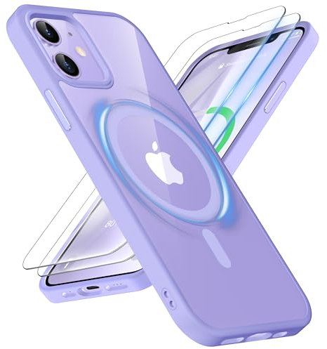 ORETECH Magnetic Case for iPhone 12 Case & iPhone 12 Pro Case, [Compatible with Magsafe] [2 x Glass Screen Protector] [Not Yellowing] Slim Shockproof Protection Clear Back Phone Cover -Light Purple