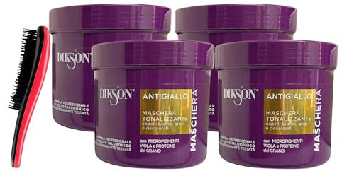 Maschera ANTIGIALLO, Tonalizzante, Per Capelli Biondi, Grigi e Decolorati. Con Micropigmenti Viola e Proteine Del Grano. Formula Professionale Con Acido Ialuronico 500ml (4 Barattoli)+Spazzola