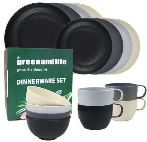 greenandlife 16 Pcs Plastic Dinnerware Set, Unbreakable Camping Plates and Bowls Set, Resuable Tableware for 4, Dinner Plate, Cereal Bowl, Cup, Dishwasher&Microwave Safe, Perfect for Kids, Adult