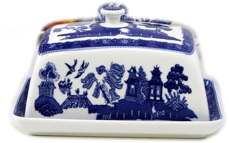 Blue Willow Butter Dish with Lid Ceramic Kitchen Storage Serving Pot Container