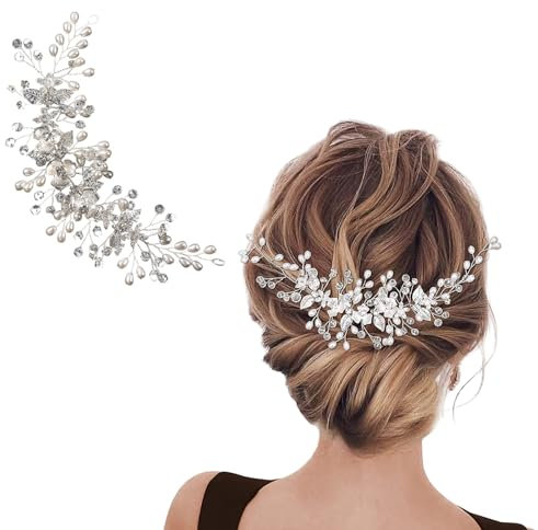 Mariage Feuilles Vignes de Cheveux, Argent Fleurs de Mariage Cheveux Vigne Mariée, Perle Bandeaux Strass de Mariée de Cheveux, Coiffure Perlée pour Femmes et Filles