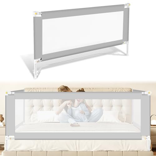 Jopassy Bettgitter 150cm Bettschutzgitter Kinderbettgitter mit U-förmiger Basis, Kinderbettschutzgitter, Rausfallschutz Bett für Kinder & Elternbetten, Hoch 68 bis 95cm, Stabile, Grau