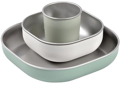 BÉABA, Coffret Repas Bébé Enfant Inox, 3 Pièces, Verre + 2 Assiettes, Compatible Micro-Ondes et Lave-Vaisselle, Sain et Solide, Léger, Incassable, Anti-dérapant avec Housse en Silicone, Sage Green