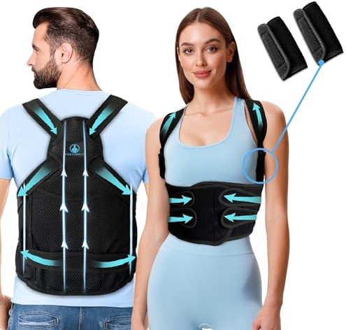 POSTURALIS Correcteur de Posture - Ceinture Dorsale/Lombaire et Redresseur de Dos pour Soulager les Douleurs au Dos et aux Épaules - Orthèse Réglable Homme/Femme avec 2 Supports d'Épaules, (XL)