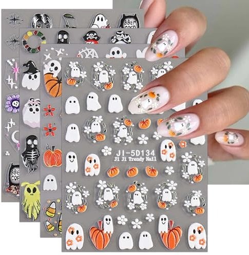 JMEOWIO 3D Embossed Halloween Nail Art Stickers Decals Self-Adhesive 5D Ghost Pumpkin Cute Nail Supplies Nail Art Design Decoration Accessories 4 Sheets