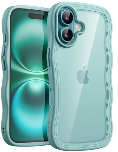 JETech Wavy Case for iPhone 16 6.1-Inch, Cute Wave Frame Curly Shape Shockproof Phone Cover for Women and Girls, Clear Hard PC Back (Teal)