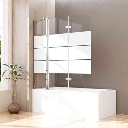 Duschwand für Badewanne 150x140cm 3-teilig Faltbar Duschtrennwand, Gestreift Glas Badewannenaufsatz mit festem segment Duschabtrennung aus 6mm ESG Sicherheitsglas, 150 breit Badewannenwand