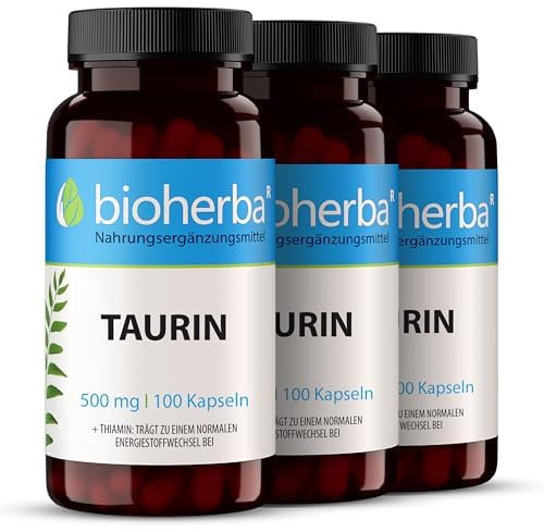 Taurin Kapseln – 300 Stück, hochdosiert mit 500 mg Taurin und Vitamin B1, für Sport & Fitness, Pre-Workout Booster ohne Koffein von BIOHERBA PZN 17190252