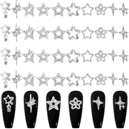 CRASPIRE 60Pcs/Box Glitter Four-pointed Star Nail Charms Rhinestone 10 Styles 3D Y2K Luxury Silver Nail Gems Set Metal Flat Punk Studs Decor for Women Nail Art DIY Crafts Jewelry Decor Accessories
