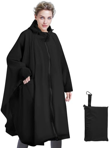 Sensong Poncho Réutilisable Imperméable Femme Unisexe - Capuche, Fermeture Éclair - Pour Randonnée Camping Vélo Noir