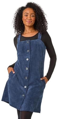Roman Petite Corduroy Pinafore Button Dress for Women UK - Ladies Everyday Autumn Winter Round Neckline Comfy Soft Evening Vacation Work Party Night Out - Petite Navy - Size 12