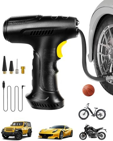 Rechargeable Cordless Tyre Inflator Air Compressor 4000mAh Car Tyre Inflator 12V/ 120W/ 150 PSI/ 10.5Bar Handheld Electric Digital Tire Pump 4 Nozzle Adaptors Heat Dissipation for Car Motorcycle