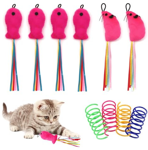 FloralGrace 6 Piece Fish and Mouse Cat Toy Set, Plush Filled, Premium Cat Wand Accessory with Ribbons, Interactive Catnip Toys (with 4 Cat Springs)