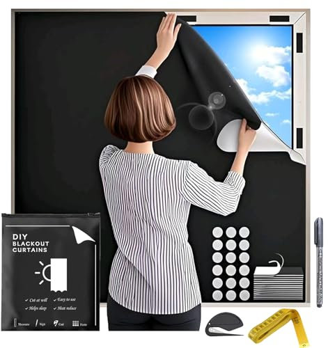 300x145cm Blackout Blinds Stick On, Temporary 100% Blackout Window Film, Portable Black Out Curtains No Drill With 8 Velcro Pairs, Easy To Cut Fit Any Size Shape Windows For Bedroom Travel RV Car