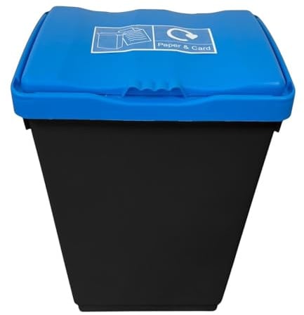 Chabrias Ltd 50 Litre Recycling Waste Bin With Lid & Logo Sticker Included (Blue Lid & Paper & Card Logo, Black Base)