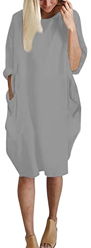 Sommerkleid Damen Knielang Elegant Kleid Damen Sommer A Linie mit Ärmel Kleider Frauen Langarm mit Taschen Damenkleider Einfarbig Locker Ballonkleid