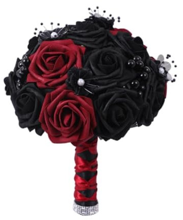 rockible Schwarzer Künstlicher Rosenstrauß, Schwarze Blätter Blumen Picks, Künstliche Totenkopf-Blumen, Gothic Blumenstrauß für Zuhause, Themenparty, Osterdekoration, Mittelpunkt, Halloween, Dunkelrot