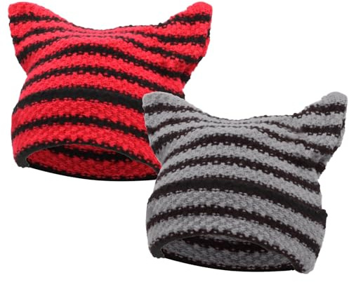 VEGCOO 2 Stück Damen-Katzen-Beanie-Mütze, gestrickte Croche-Katzenohren-Beanie-Mütze, warm, elastisch, geeignet für Mädchen, Erwachsene, Kinder, Punk, Gothic, Y2K-Stil, Zubehör, a, Einheitsgröße