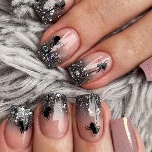 Halloween Press on Nails - Short Square French Tip False Nails with Black Gradient Glitter Spider Design - Full Cover Acrylic Stick on with Adhesive Tools for Women Girls