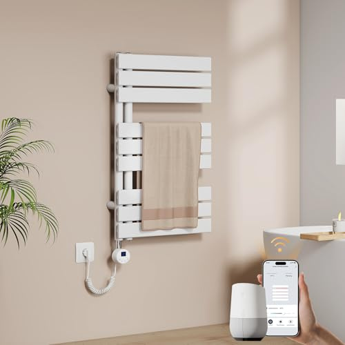 EMKE WiFi Handtuchheizkörper Elektrisch 762x 500 mm - Flach Badheizkörper Elektrisch, Elektrischer Handtuchwärmer Handtuchtrockner Handtuch Heizkörper Bad mit Thermostat und Heizstab - 400W, Weiß