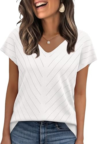 WIHOLL Women's Jumpers Short Sleeve V-Neck Knit Ladies Tops Summer Spring Sweaters Casual T Shirts for Women UK White XL