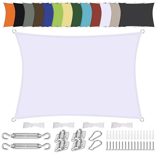 Toldo Vela de Sombra Rectangular 1x2m Impermeable Protección Rayos UV con Accesorios de Montaje para Exteriores, Pergola, Jardín,Terrazas-Blanco