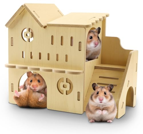 Zwerghamster Zubehör Haus DIY Hamster Spielzeug aus Holz (21.5x10x18.5cm) | Natural Living Haus Versteck Kauspielzeug Zubehör Meerschweinchen Chinchillas Rennmäuse Zwerghamster Naturbelassenes