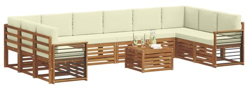 vidaXL Sofagarnituren 11 pcs Natur und Creme Massivholz Akazie, Gartenlounge, modernes Outdoorsofa, sicheres Sitzset, gemütliche Terrassenmöbel